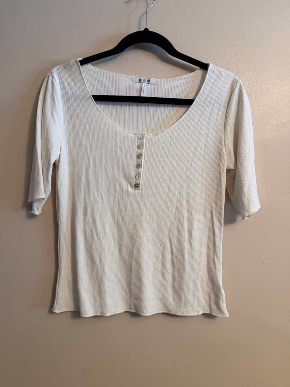 Three Dots Cream Ribbed Scoop-Neck Henley Tee